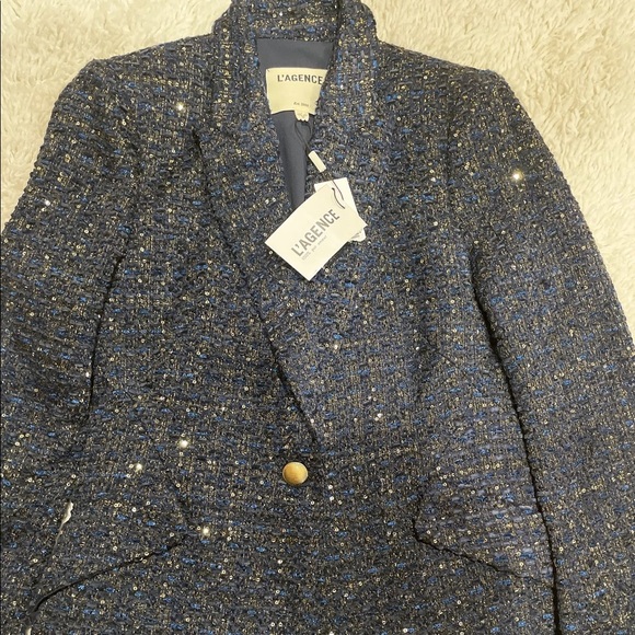 NWT L'Agence Chamberlain Sequin Tweed Blazer Jackrt In Navy - Picture 10 of 15